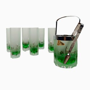 Space Age Collins Tumbler Glasses with Ice Bucket in Green Cut Crystal, Italy, 1970s, Set of 7