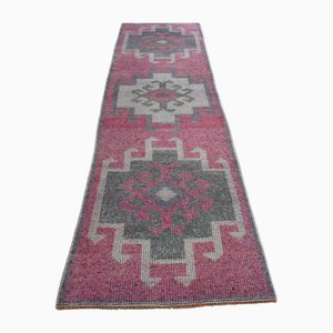 Alfombra de pasillo turca vintage de lana en rosa y marrón, años 60
