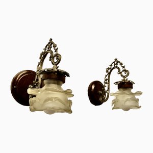 French Arts and Crafts Wall Lights with Flower Shades, 1890s, Set of 2