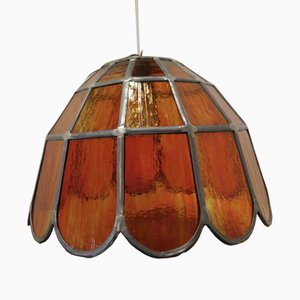 Large Arts and Crafts Amber Leaded Glass Pendant Lights, 1960s, Set of 2