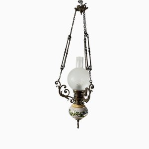 Lámpara colgante de bronce, cerámica y vidrio, Italia, años 50