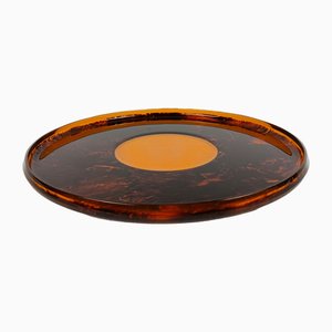 Italian Round Serving Tray in Indian Yellow Acrylic Glass and Faux Tortoiseshell, 1970s