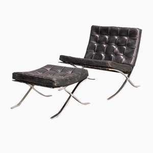 Barcelona Lounge Chair with Stool by Ludwig Mies Van Der Rohe for Knoll International, 1970s, Set of 2