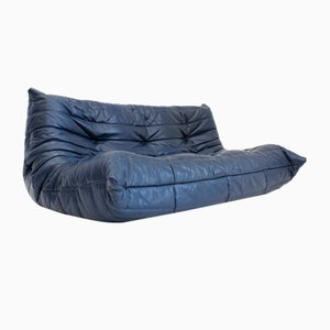 Vintage Togo 3-Seater Sofa in Blue Leather by Michel Ducaroy for Ligne Roset