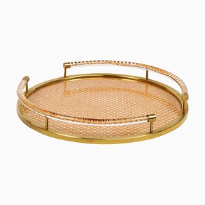 Round Serving Tray in Acrylic Glass, Rattan and Brass in the style of Christian Dior, Italy, 1970s