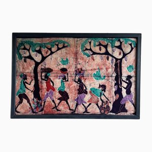 Arte Batik africana incorniciata raffigurante una scena rurale