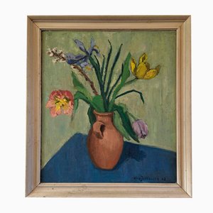 Tranquil Blooms, 1940s, Oil on Board, Framed