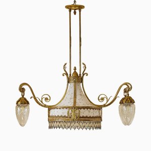 Lámpara de araña modernista de latón dorado de cinco luces, década de 1890