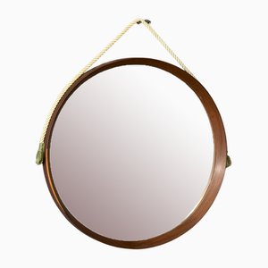 Specchio vintage rotondo con cornice in teak, anni '60