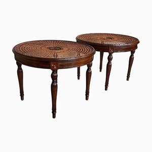 French Round Side or Coffee Tables with Wicker Tops and Carved Legs, 1960, Set of 2