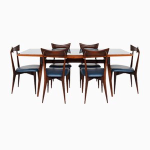 Dining Chairs and Table with Sugar Paper Blue Glass Top by Ico & Luisa Parisi for Ariberto Colombo, 1950, Set of 7
