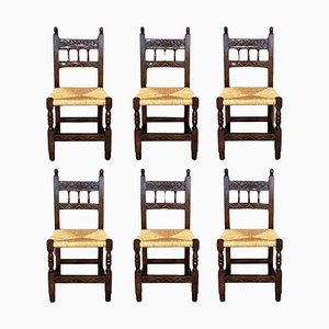 Early 20th Century Spanish Carved Walnut Dining Chairs, 1900s, Set of 6