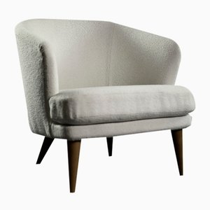 Low Mid-Century Scandinavian Modern Oak & Fabric Armchair with Rounded Backrest, 1960s