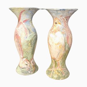 Italian Hand-Painted Ceramic Vases with Bird Motif by Anna Silvertta, Set of 2