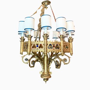 Lampadario grande revival gotico, Italia, in bronzo dorato e smaltato a 12 candele, XIX secolo