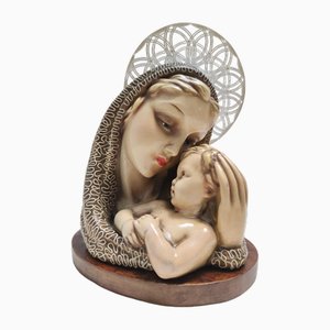Holy Mary and Jesus Vintage en Céramique Vernie et Laiton par Arturo Pannunzio, Italie, 1940s