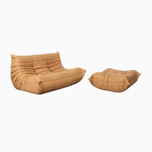 Camel Leather Togo Sofa and Pouf by Michel Ducaroy for Ligne Roset, 2010s, Set of 2
