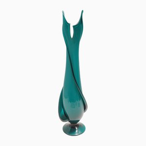 Vintage Teal Encased and Hand-Blown Murano Glass Flower Vase, Italy, 1960s