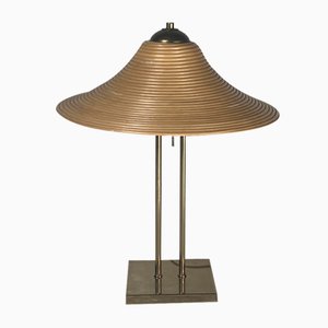 Brass and Pencil Reed Rattan Table Lamp, Italy, 1970s