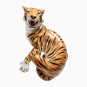 Large Vintage Hand Painted Ceramic Roaring Tiger, Italy, 1950s