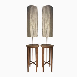 Wabi Sabi Teak and Copper Floor Lamps with Silk Shades attributed to Jan Des Bouvrie, Dutch, 1990s, Set of 2