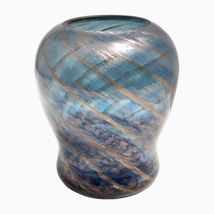 Vase Vintage en Verre de Murano Bleu attribué à Fratelli Toso avec Aventurine en Bronze, 1940s