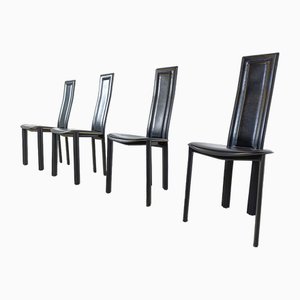 Chaises de Salle à Manger Vintage en Cuir Noir, 1980s, Set de 4