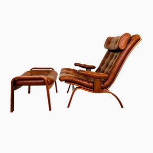Leather Lounge Chair with Matching Footstool from Gote Møbler, 1970s, Set of 2
