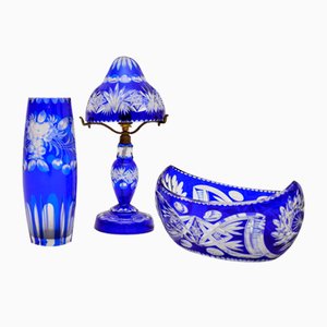 Bohemian Crystal Glass Table Lamp, Vase and Dish, 1910s, Set of 3