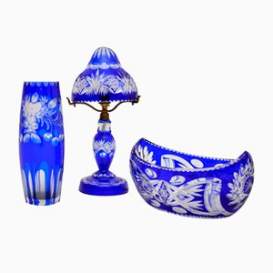 Lampe de Bureau en Verre Cristal, Vase et Plat, 1910s, Set de 3