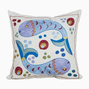 Suzani Animal Cushion Cover with Blue Fish Motifs