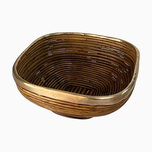 Italian Rattan and Brass Basket Bowl Centerpiece, 1970s