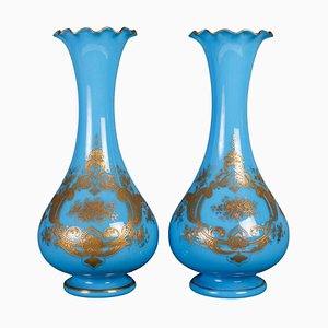 19th Century Blue Opaline Vases, Set of 2