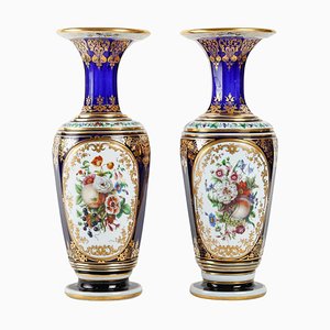 Vases Napoléon III en Cristal de Baccarat et Opaline Peinte, Set de 2