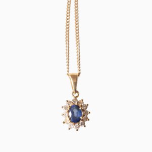 Vintage 18k Yellow Gold Chain Necklace with 18k Yellow Gold Daisy Pendant with Sapphire and Brilliant-Cut Diamonds, 1970s