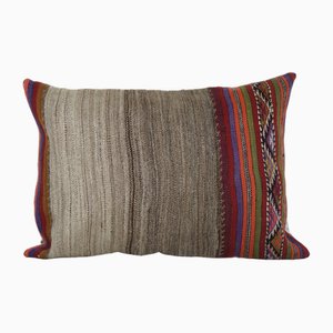 Vintage Brown Turkish Hemp Kilim Pillow Cover, Striped Anatolian Cushion Cover, Organic Tribal Pillowcase 16 X 24, 2010s