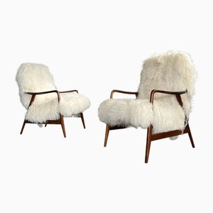Set of Danish Teak Lounge Chairs with Mongolian Goat Hair Upholstery by Alf Svensson for Dux, 1950s