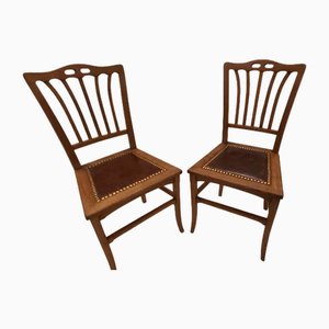 Chaises Art Nouveau en Chêne avec Assise en Cuir d'Origine, Set de 2