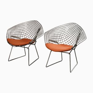 Diamond Chairs in Silver with Orange Seat by Harry Bertoia for Knoll, 1980s, Set of 2