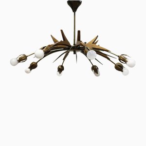 Chandelier with Copper Arms, Brass & Teak in the style of Stilnovo, Italy, 1960s