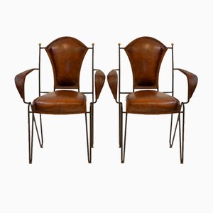 Französische Mid-Century Leder & Eisen Sessel im Stil von Jacques Adnet, 1950er, 2er Set