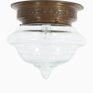 Art Nouveau French Brass Cut Blown Glass Flush Mount Ceiling Light, 1900s