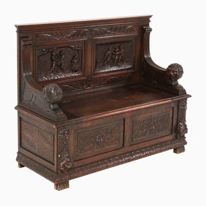 Oak Renaissance Revival Hall Bench with Hand-Carved Lions, 1890s