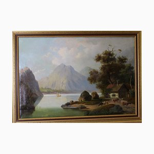 Paisaje de montaña, década de 1800, óleo sobre lienzo, enmarcado