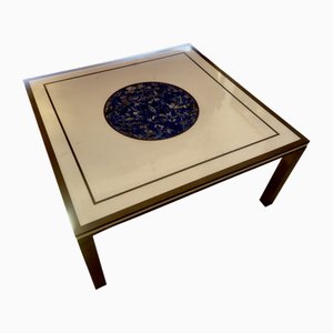 Low Mid-20th Century Square Coffee Table in White Marble Top Centred with Lapis Lazuli inlay, Resting on Metal Frame