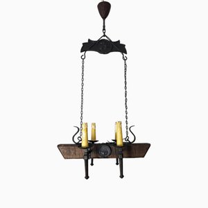 Gothic Style Chandelier in Wrought Iron and Wood, 1940s