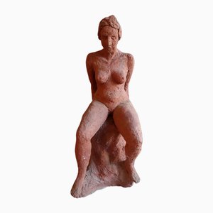 Sculpture de Nu Féminin Assis Vintage en Terre Cuite Rouge-Brun, 1992