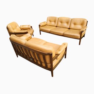 Sofás y sillón escandinavos de cuero, años 70. Juego de 3