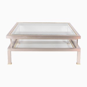 Vintage Showcase Lounge Table with Brushed and Golden Metal Sliding Tray, 1970s