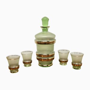 Decanter e bicchieri Sherry in vetro verde e dorato, anni '50, set di 5